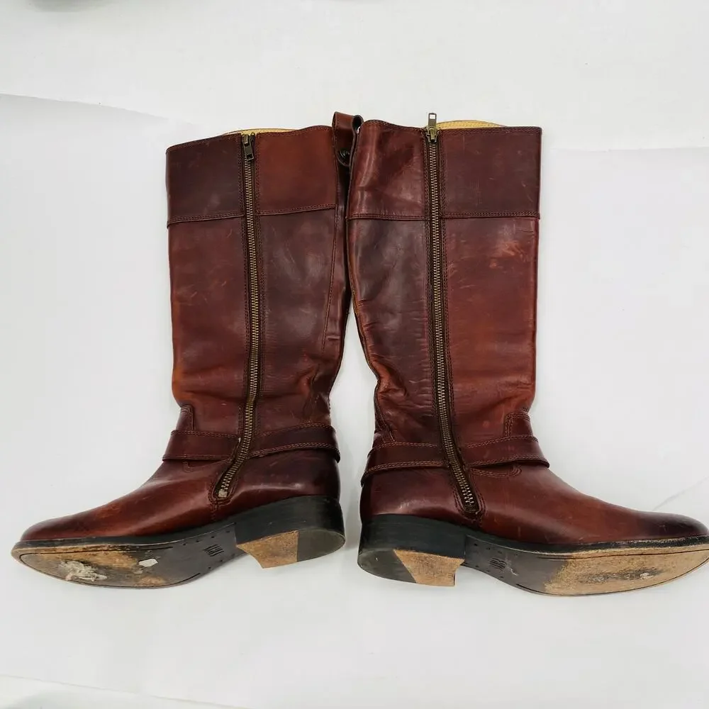 Frye brown leather tall buckle riding boots